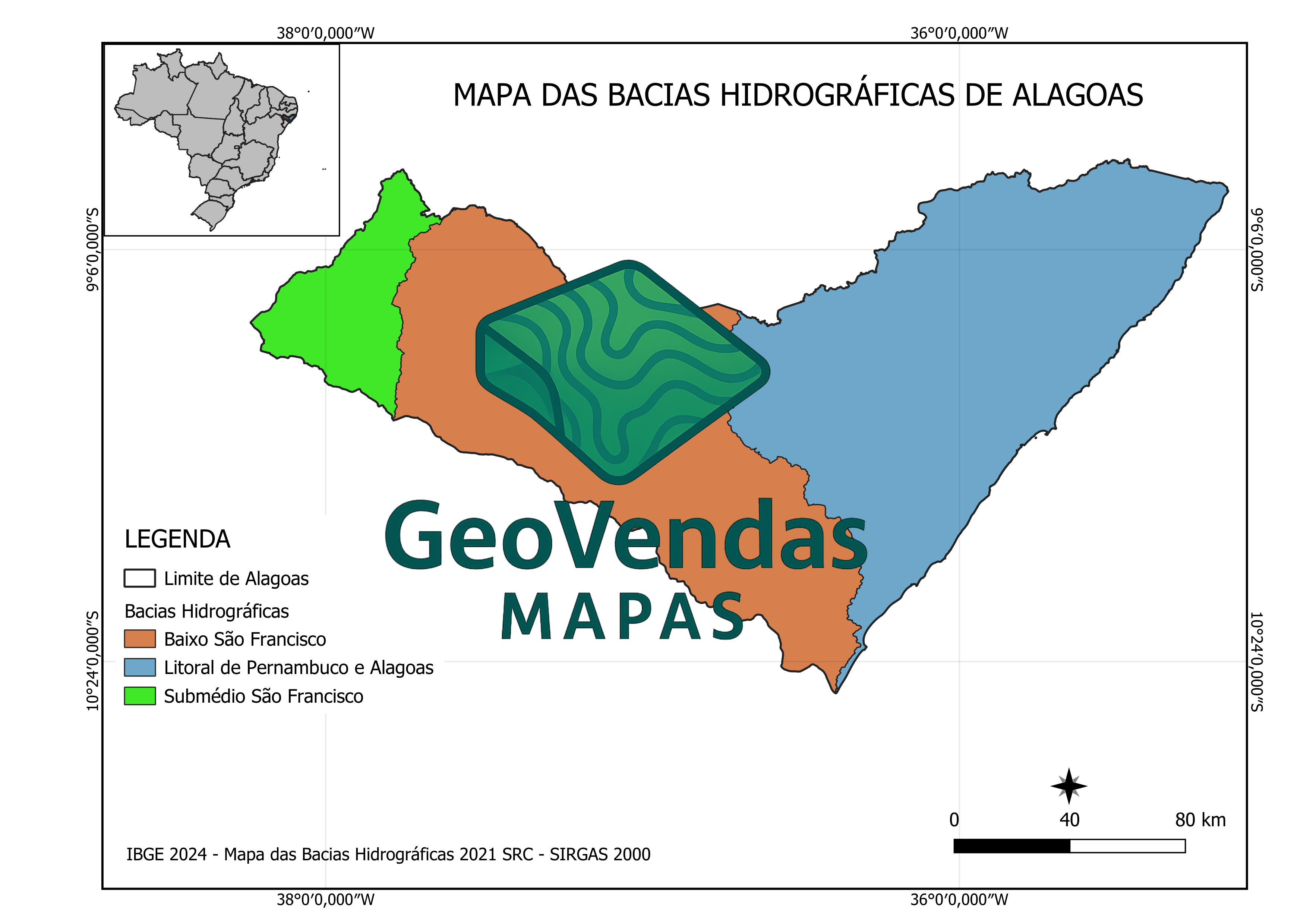 Mapa das Bacias hidrográficas de Alagoas